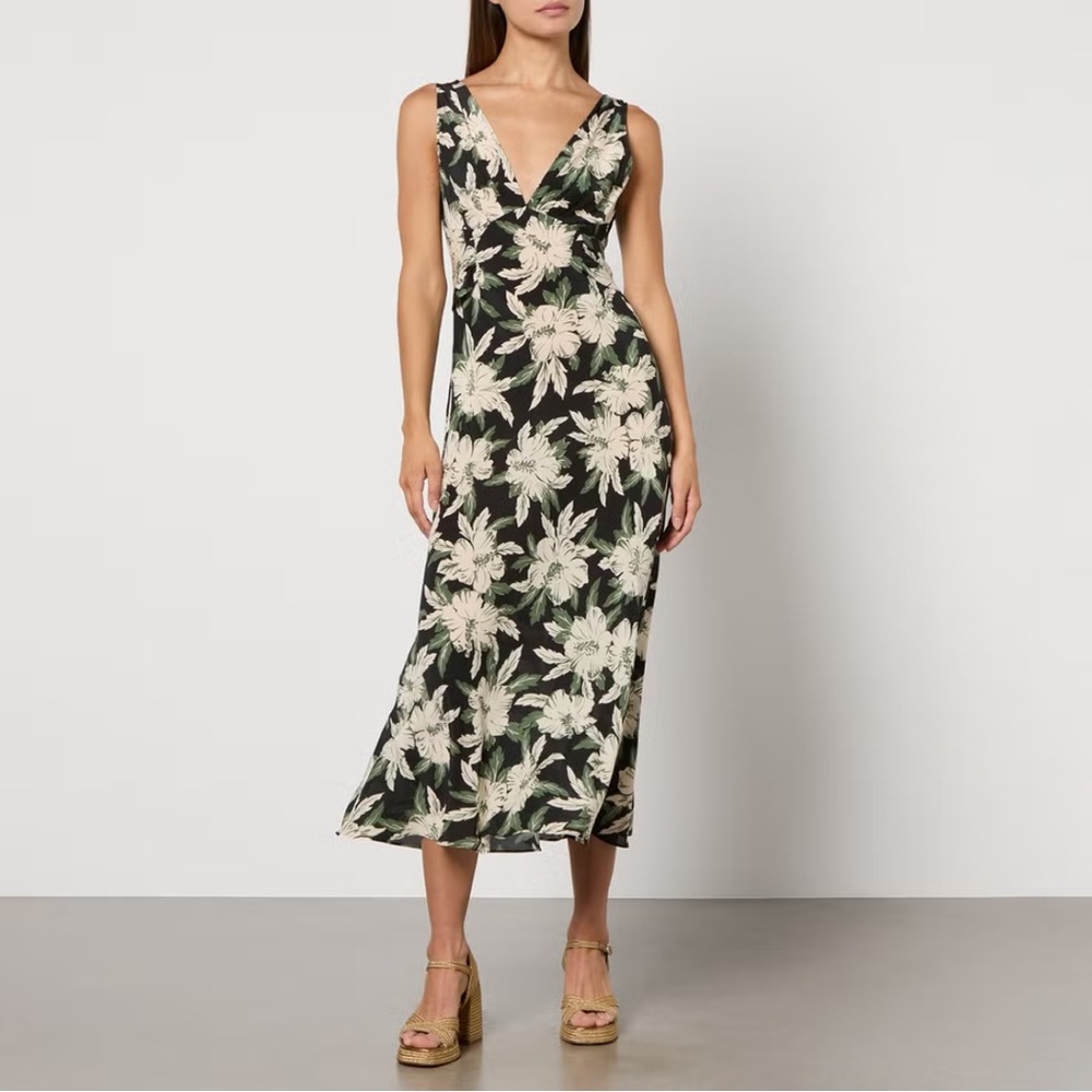 RIXO Lauriane Floral-Print Silk Midi Dress | Hibiscus Black | Size Small